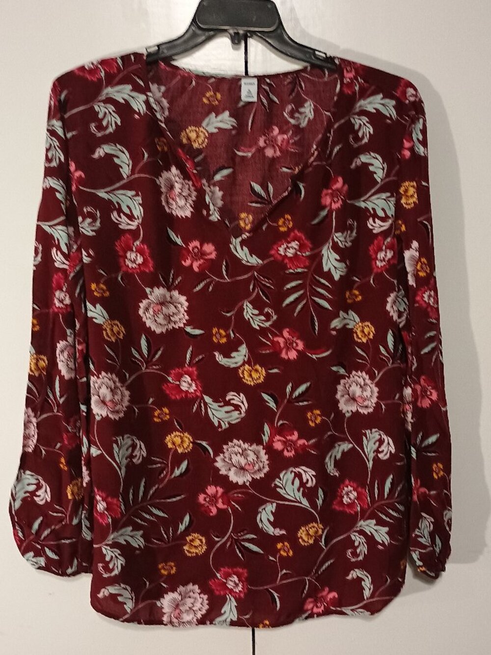 Old Navy XL Tall Burgundy Floral Faux Wrap Blouse Long Sleeve Rayon Boho Peasant - Picture 2 of 7